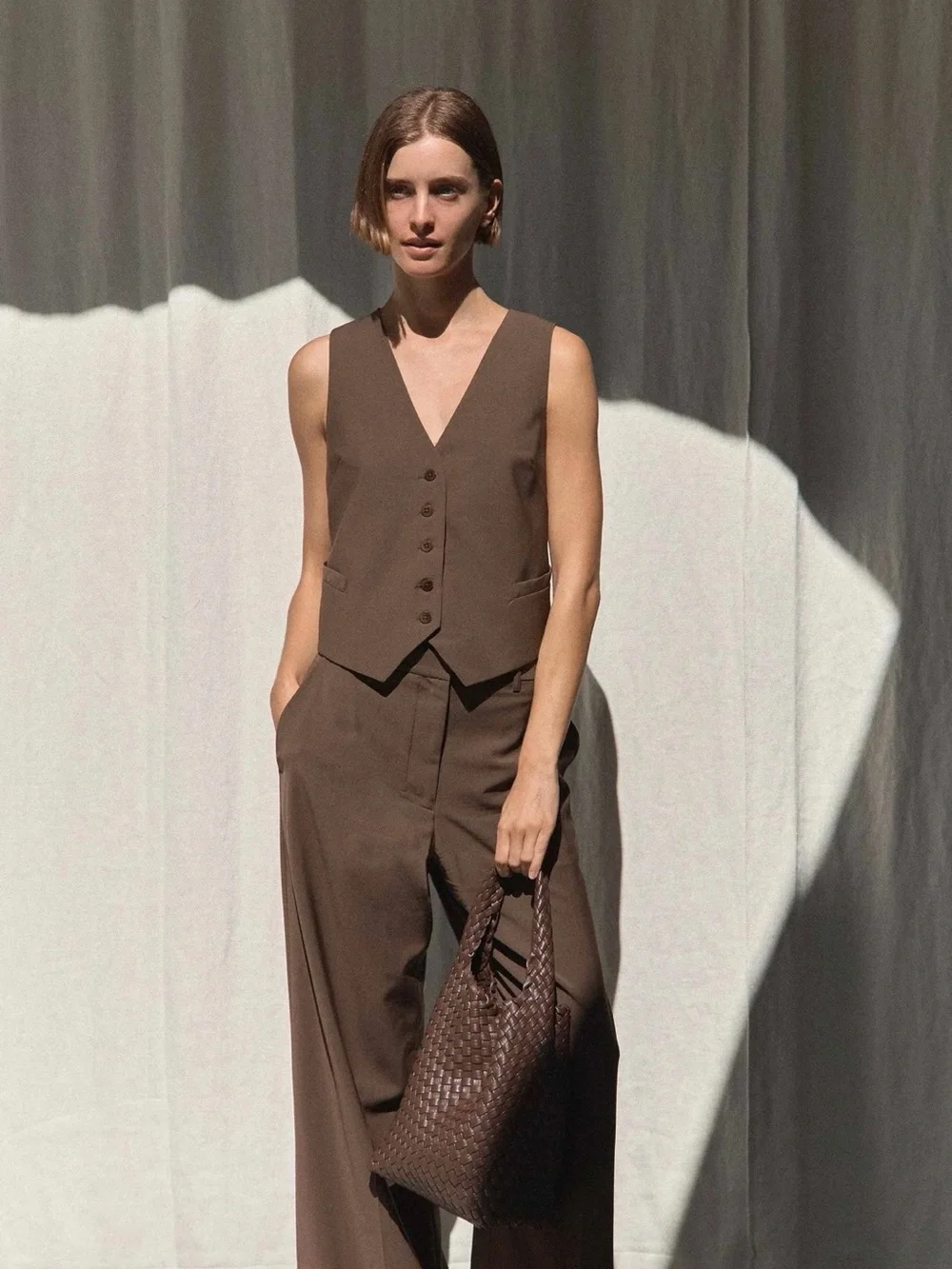 NWT Rylan Alt-Leather Small Woven Tote brown (with pouch and dust bag)
